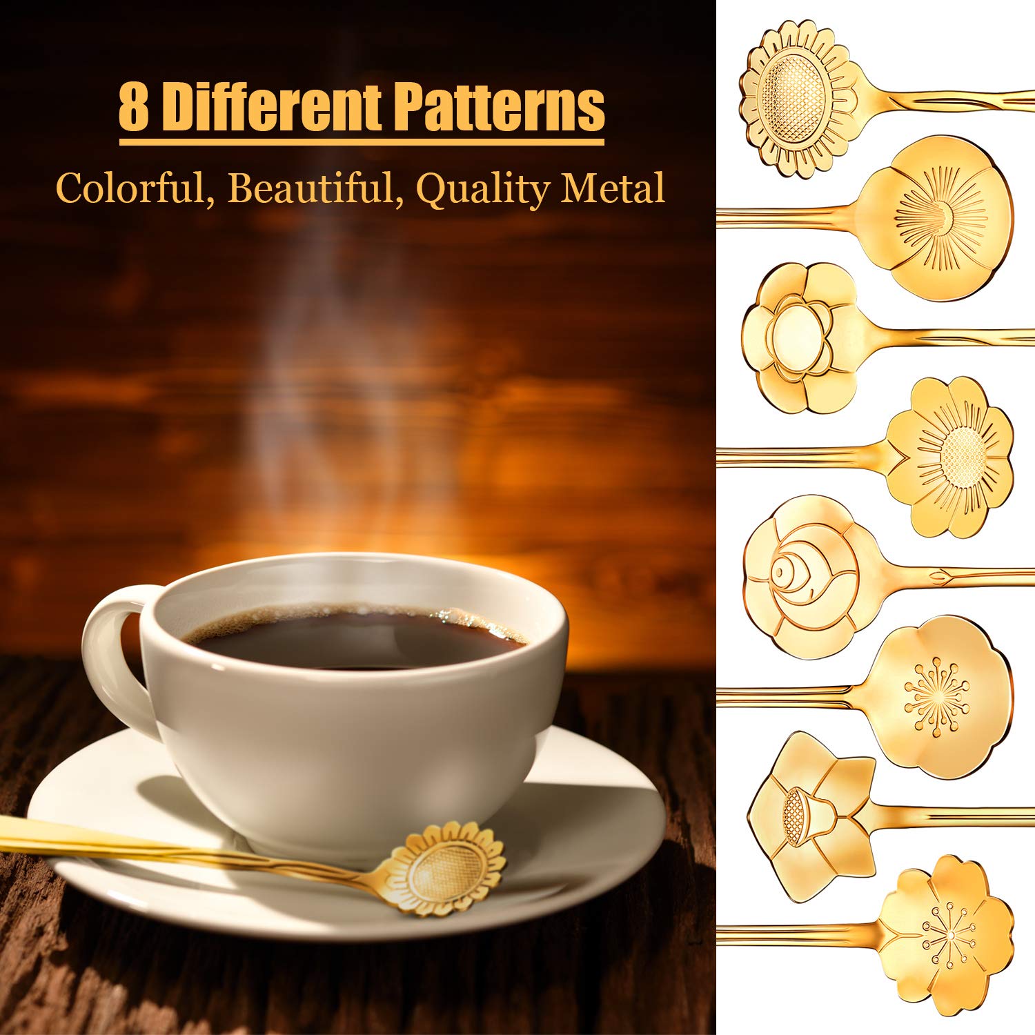 HASTHIP 8 Pieces Flower Spoon Coffee Teaspoon Set, 410 Stainless Steel Tableware, Reusable Sugar Spoon Tea Spoon Stir Bar Spoon Stirring Spoon, 8 Different Patterns (Golden) HASTHIP 8 Pieces Flower Spoon Coffee Teaspoon Set, 410 Stainless Steel Tableware, Reusable Sugar Spoon Tea Spoon Stir Bar Spoon Stirring Spoon, 8 Different Patterns (Golden)